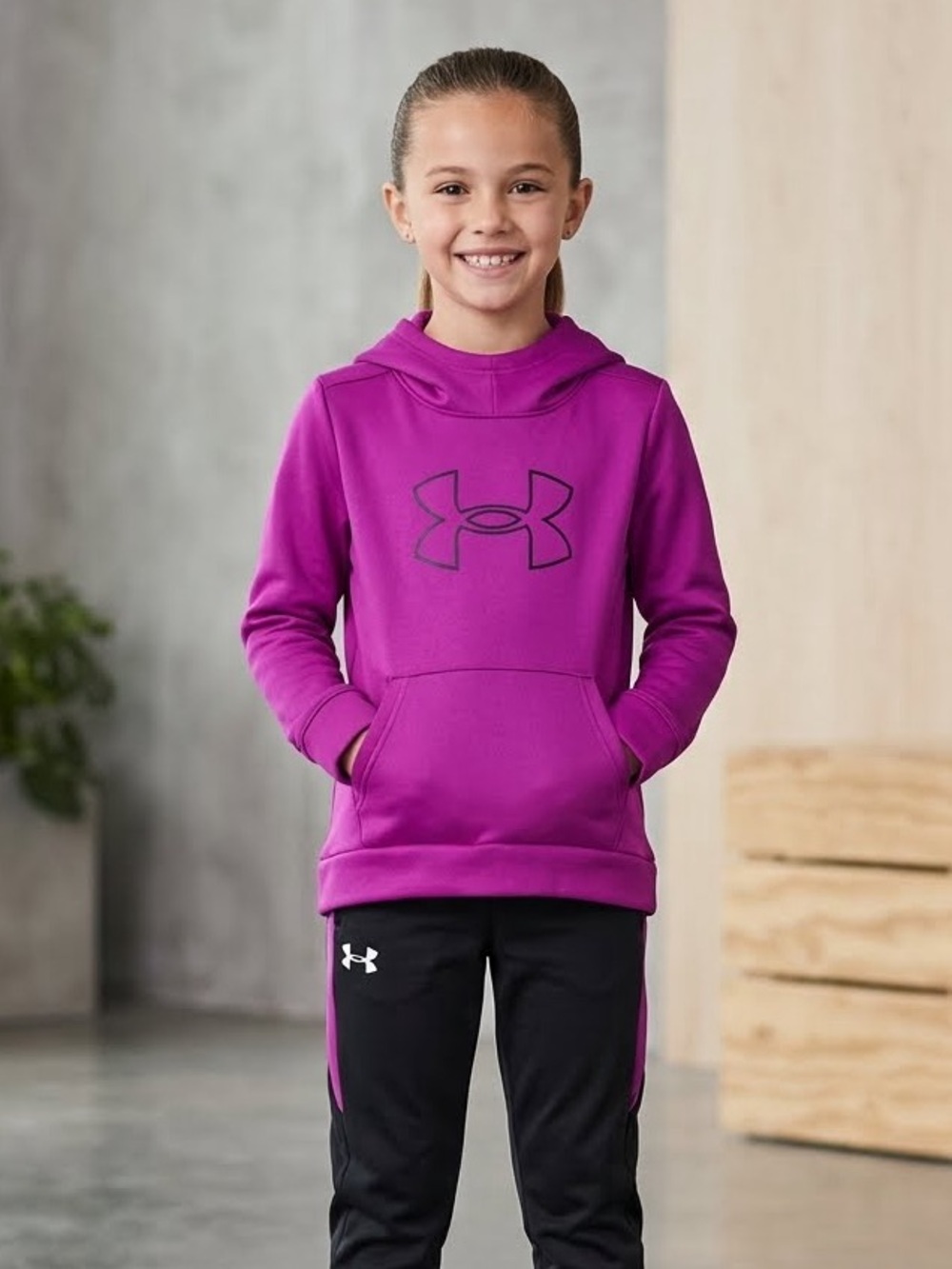 Under Armour Girls Youth M Armour Fleece Big Logo Pullover Hoodie Magenta Purple